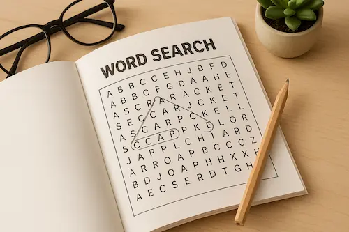 Mesa con sopa de letras, planta lápiz y anteojos