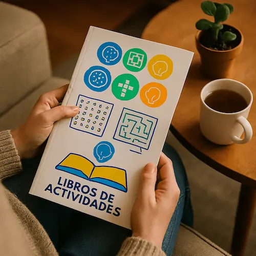 Persona sentada con un libro de actividades en la mano mesa con taza de café y planta suculenta.