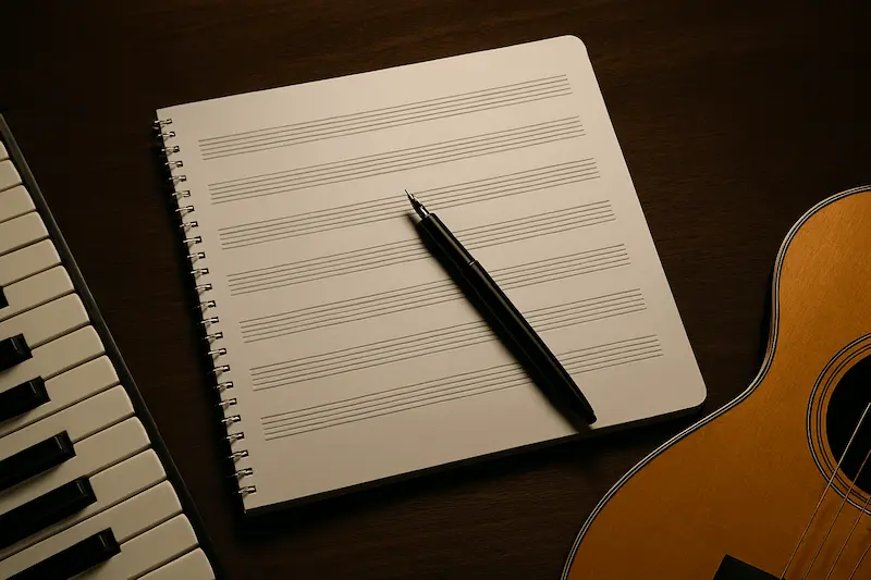 Piano guitarra y cuaderno pentagramas o con lapicera