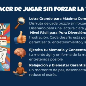 Banner de beneficios de diversión mental 1 con la imagen de la portada del libro iconos de los beneficios y beneficios escritos.